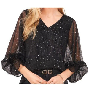 VINCE CAMUTO Women’s Printed Sheer Sleeve Top Sparkle and Shine Size M 14090